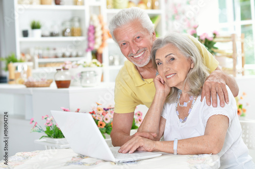 happy senior couple using  laptop