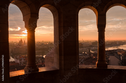 terrace view from fisherman's Bastion in Budapest at sunrise
