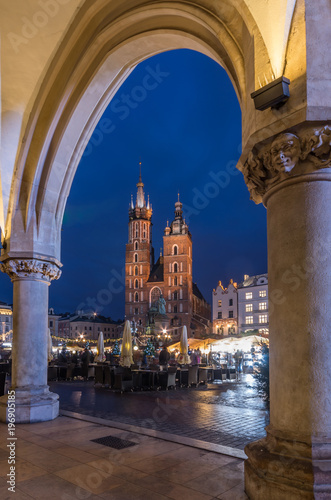 Krakow, Poland, St Mary's church seen from Sukiennice (Cloth hall) attic on the Main Market Square