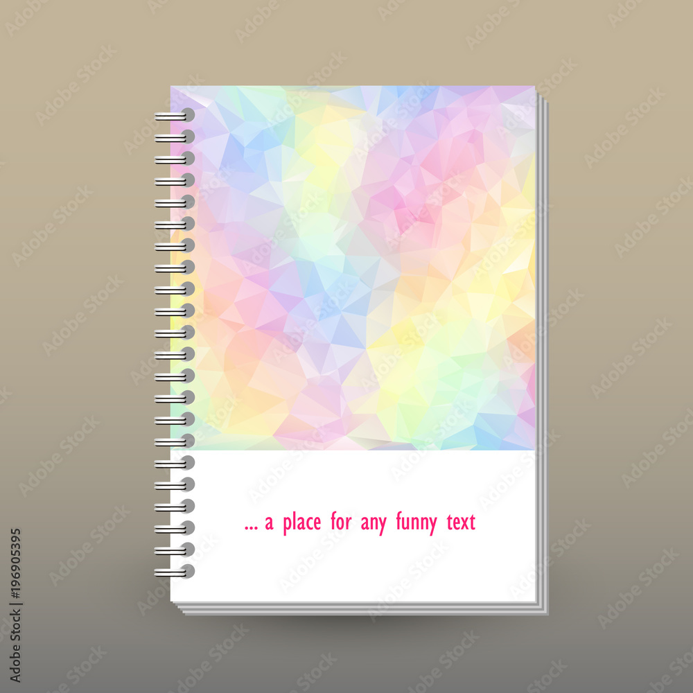vector cover of diary or notebook with ring spiral binder - format A5 - layout brochure concept - pastel rainbow spectrum colored  polygonal triangle pattern