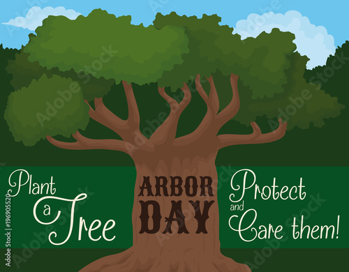 Strong Tree in a Landscape with Precepts for Arbor Day, Vector Illustration