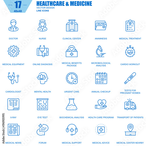 Thin line healthcare and medicine, hospital services icons set for website and mobile site and apps. Contains such Icons as Doctor, Nurse. 48x48 Pixel Perfect. Editable Stroke. Vector illustration.