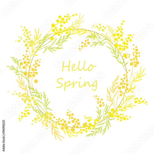 Yellow mimosa, flowers of yellow spots, splashes. Spring wreath of the brightest yellow flowers. Hello Spring
