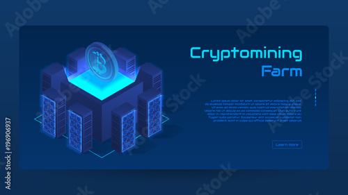 Isometric cryptomining farm concept banner. Modern Concept of Digital Crypto Mining Technology. Vector Illustration with Blockchain Farm composition.