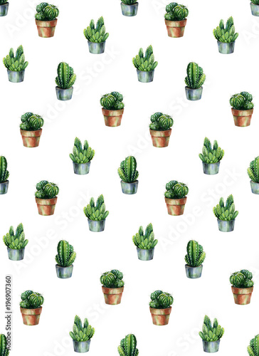 Seamless pattern with cacti watercolor. Cactus illustration can be used as print, home or garden decoration, wrapping paper, textile or wallpaper.