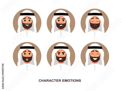 Cartoon arab man avatars emotion. Set of avatars with character emotions including surprise, happiness, anger, smirk, grin cartoon style vector illustration of isolated layers on a white background