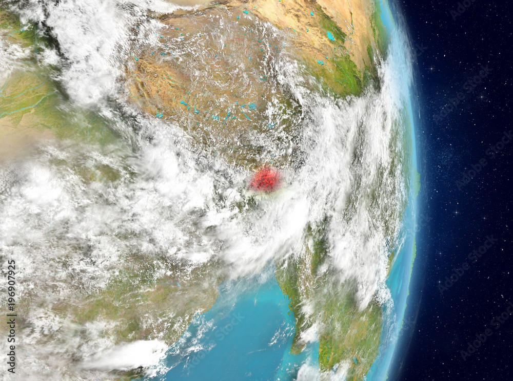 Orbit view of Bhutan in red