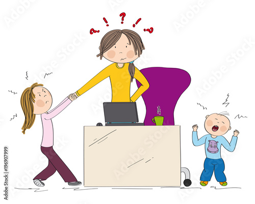 Naughty kids (sibling) fighting mother's attention. Jealous girl tugging her hand, little toddler boy crying. Mum wants to work on her laptop but they won't let her. Hand drawn illustration.