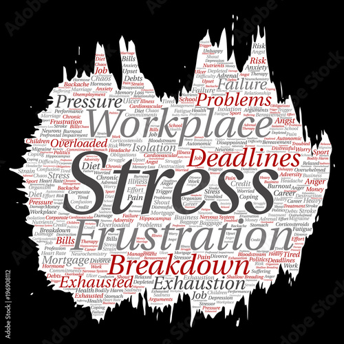Vector conceptual mental stress at workplace or job pressure paint brush or paper word cloud isolated background. Collage of health  work  depression problem  exhaustion  breakdown  deadlines risk