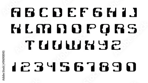 English font upper case letters. Logo - human faces of cyborg robots, for computer theme, science etc, retro style.