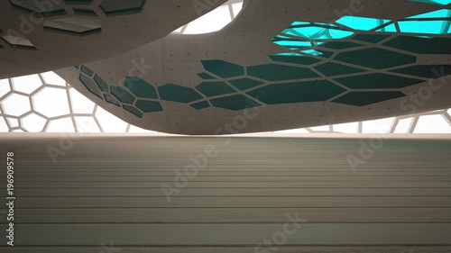 Abstract  concrete and wood parametric interior  with window. 3D illustration and rendering.