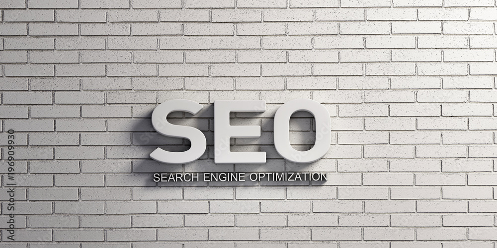 SEO Word in White Brick Wall. 3D Rendering illustration SEO Word in White Brick Wall. 3D Rendering illustration