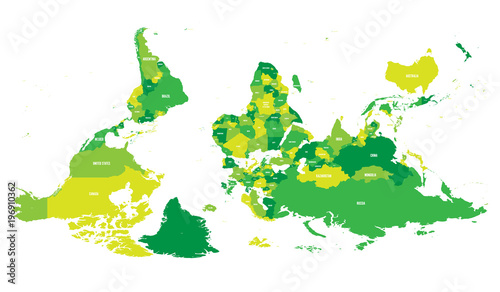 Reversed or upside down political map of World. South-up orientation. Vector illustration.