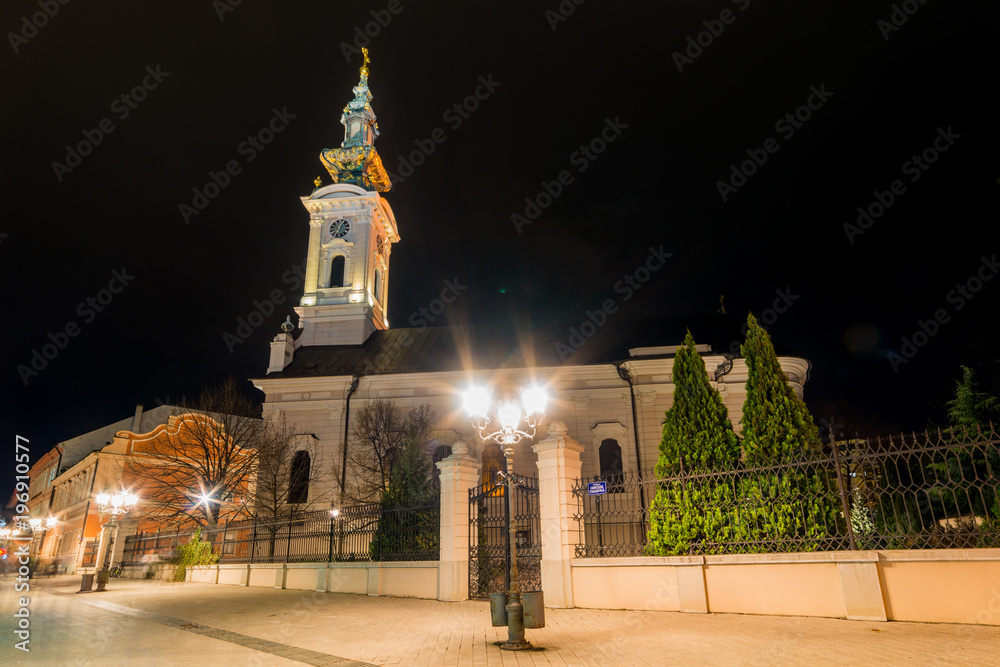 Naklejka premium Novi Sad, Serbia March 14, 2018: Serbian orthodox church (Saborna crkva) in Novi Sad, capital of Vojvodina, northern serbian province by night.