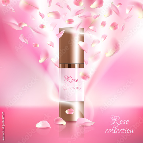 Advertising poster for cosmetic product with rose for catalog, magazine. Vector design of cosmetic package. Perfume advertising poster.Moisturizing toner, cream, gel, body lotion with rose extract .
