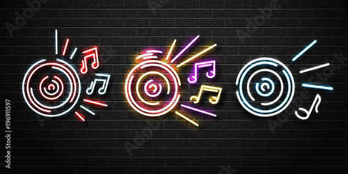 Vector set of realistic isolated neon sign of Dj logo for decoration and covering on the wall background. Concept of night club, music and dj profession.