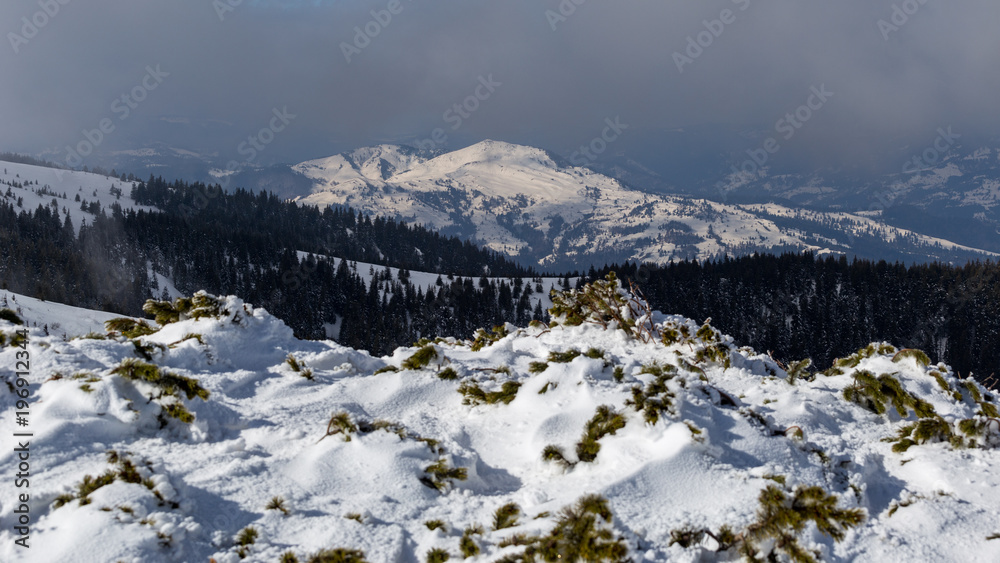 Frozen landscape on a cold winter day on the mountains in Romania
