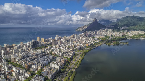 Aerial view over Ipanema Beach in Rio de Janeiro with water reflection, Brazil
