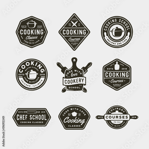 set of vintage cooking classes logos. retro styled culinary school emblems. vector illustration