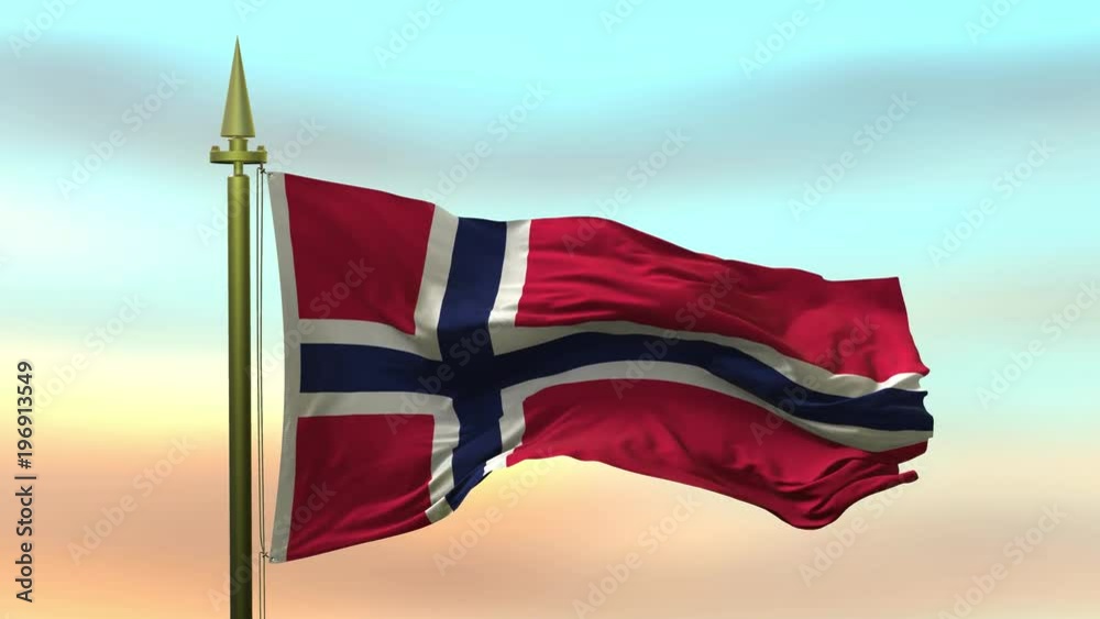 National Flag of Norway waving in the wind against the sunset sky ...