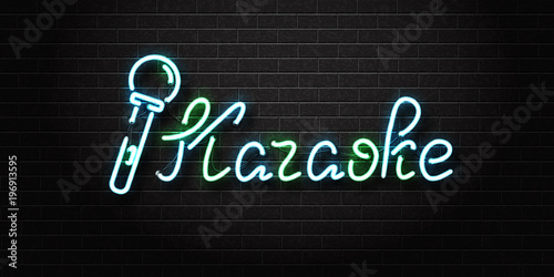 Vector realistic isolated neon sign of Karaoke lettering logo with microphone for decoration and covering on the wall background. Concept of night club, perfomance, party and music.