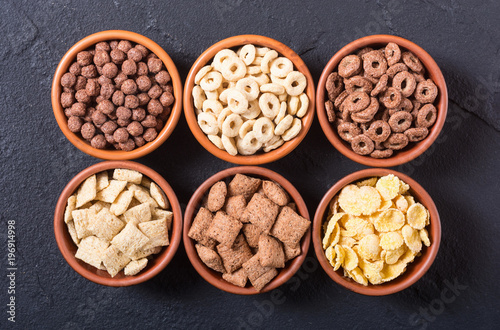 Cereals . Breakfast with milk and chocolate cornflakes