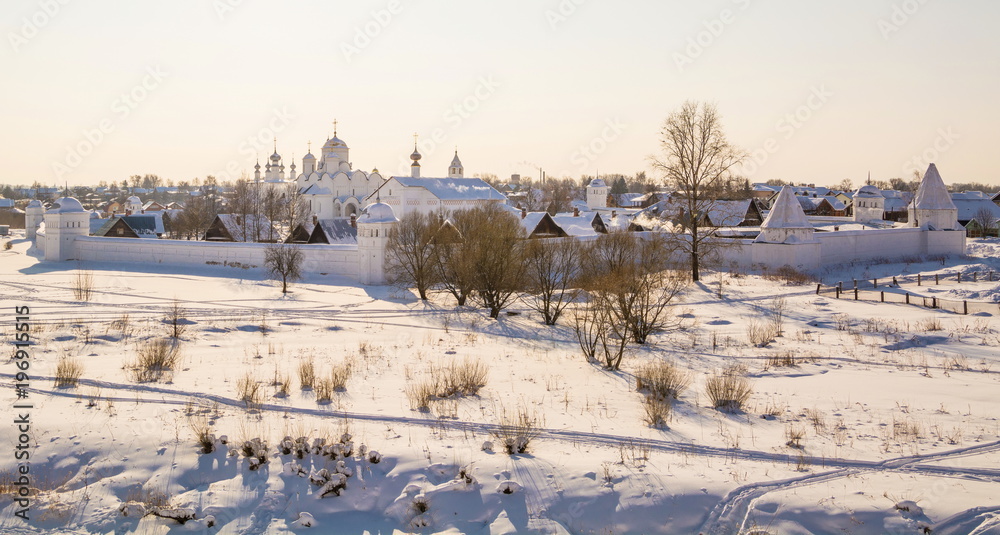 Gold ring of Russia. Winter Suzdal. View of the Intercession Monastery