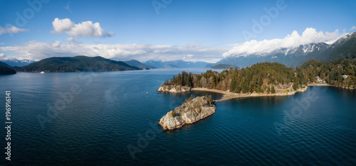 Fototapeta Naklejka Na Ścianę i Meble -  Aerial panoramic view of Whytecliff Park during a vibrant sunny day. Taken in Horseshoe Bay, West Vancouver, British Columbia, Canada.