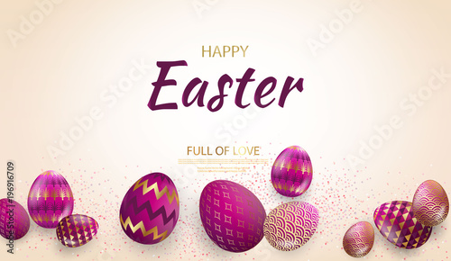 Fashionable geometric background and luxurious gold with pink Easter eggs. Opening to the celebration of Easter.