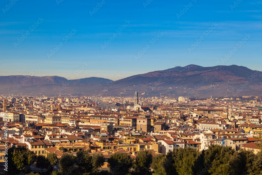View of the historic center of Florence from a height, yellow houses and roofs terracotta color, Italy
