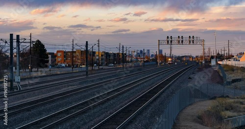 Light Rail at Sunset with Drone in Denver, Colorado photo