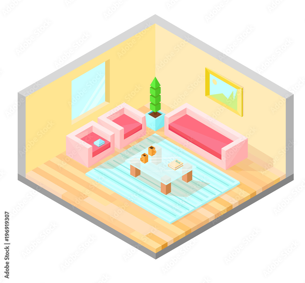 Living room isometric design with table, armchair, sofa, plant, painting, and carpet. Vector illustration.