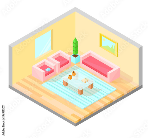 Living room isometric design with table, armchair, sofa, plant, painting, and carpet. Vector illustration.