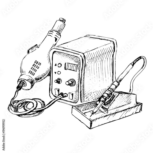 Sketch of Hot Air Rework Soldering Iron Station. Vector illustration.