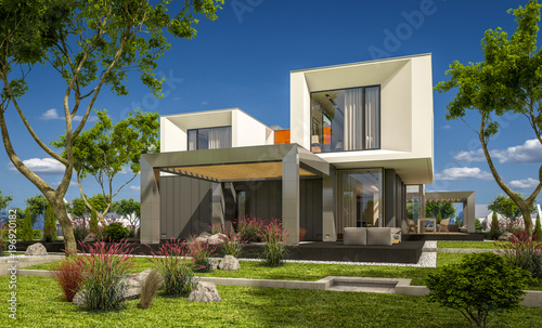 3d rendering of modern house by the river © korisbo