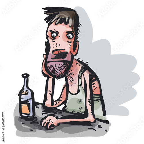 Depressive alcoholic. Comic Character. Vector illustration