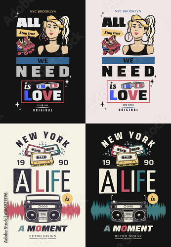 Typography slogan with girl, tape recorder, in 80s 90s memphis style vector for t shirt printing, graphic tee and printed tee