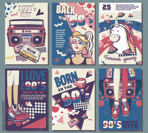 Memphis cards with geometric elements and retro illustrations. Set of vector banners in trendy 80s-90s memphis style. cover design, advertising, poster and greeting card. graphic tee and printed tee