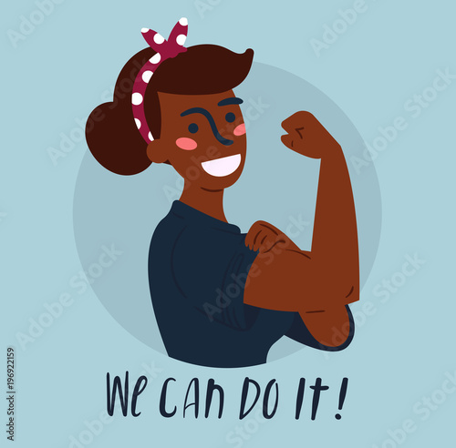 We Can Do It poster. Strong african american girl. Classical american symbol of female power, woman rights, protest, feminism Vector colorful hand drawn woman in retro comic style. Empowerment concept