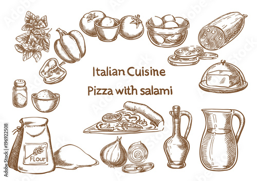 Italian cuisine. Pizza with salami ingredients vector sketch.
