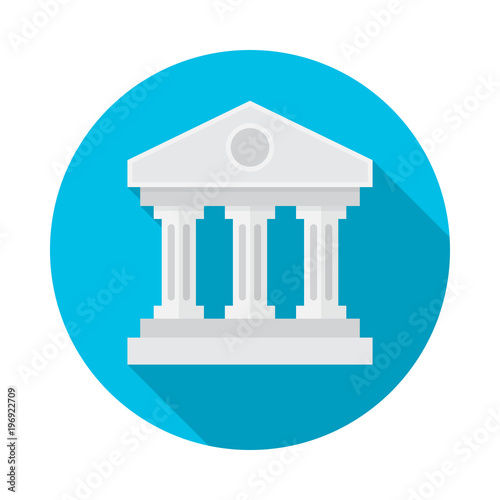 Bank building circle icon with long shadow. Flat design style. Bank simple silhouette. Modern, minimalist, round icon in stylish colors. Web site page and mobile app design vector element.