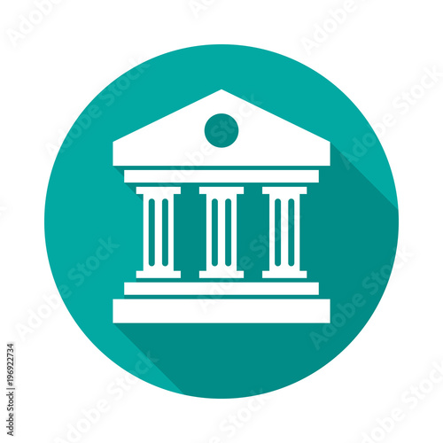 Bank building circle icon with long shadow. Flat design style. Bank simple silhouette. Modern, minimalist, round icon in stylish colors. Web site page and mobile app design vector element.