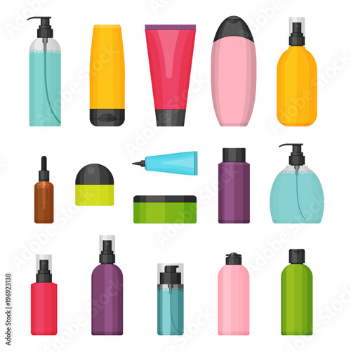 Set of vector colorful cosmetic bottles for beauty and cleanser, skin and body care, toiletres. Flat design on a white background. Cream, tooth paste, shampoo, gel, spray, tube and soap