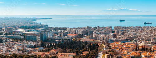 10.03.2018 Thessaloniki, Greece - Panoramic View of Thessaloniki city, the sea and the olympous mountain photo