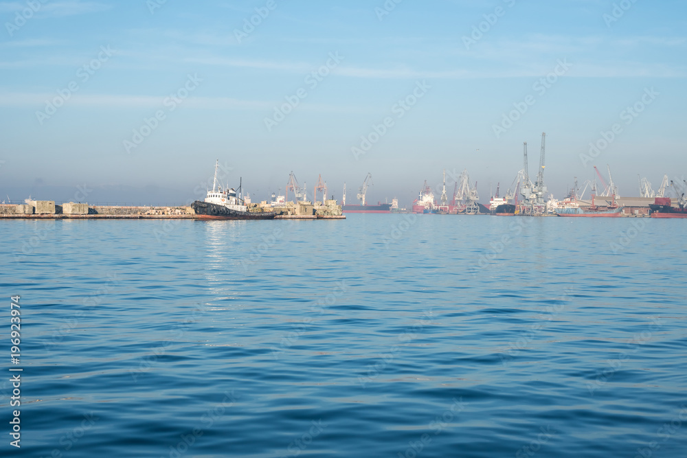 Ship in the gulf of Thessaloniki, Greece, on a sunny sky
