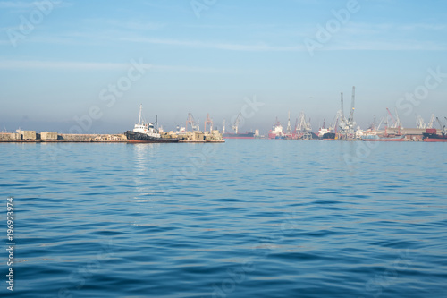 Ship in the gulf of Thessaloniki, Greece, on a sunny sky