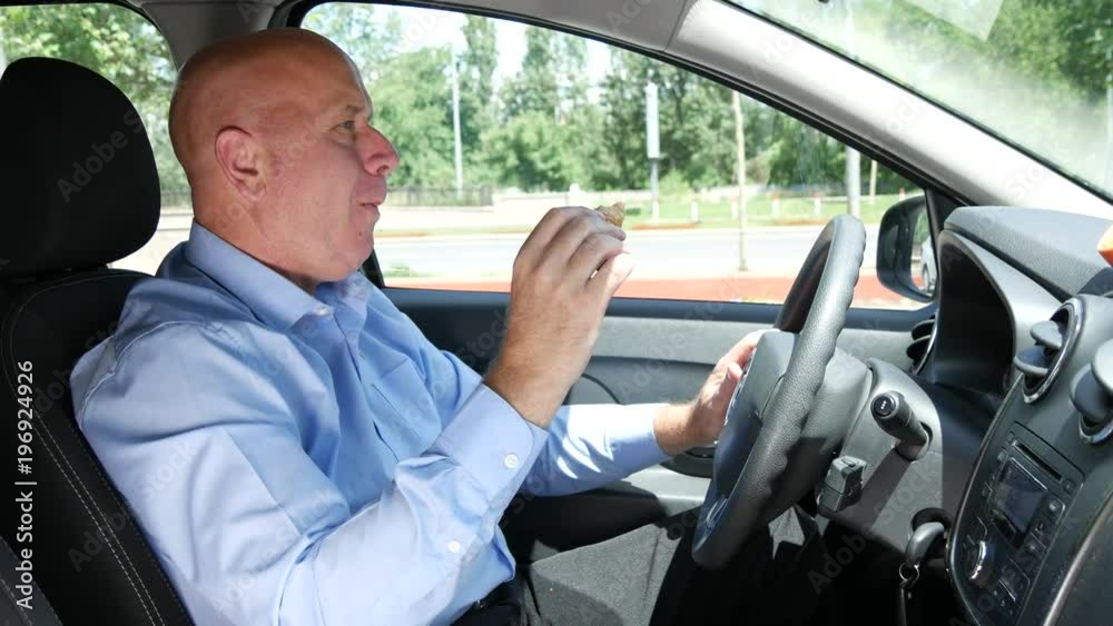 Starved Businessperson Car Driver Stop Out of Traffic and Eat a Tasty Sandwich Starved Businessperson Car Driver Stop Out of Traffic and Eat a Tasty Sandwich