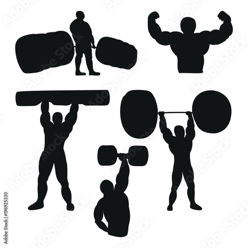 Set of male athlete powerlifter working out with barbell. Man black silhouette powerlifting.