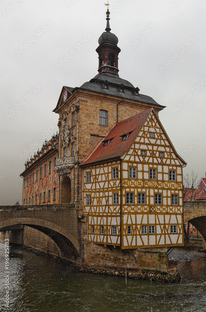 Historical city hall in the river Regnitz in Bamberg