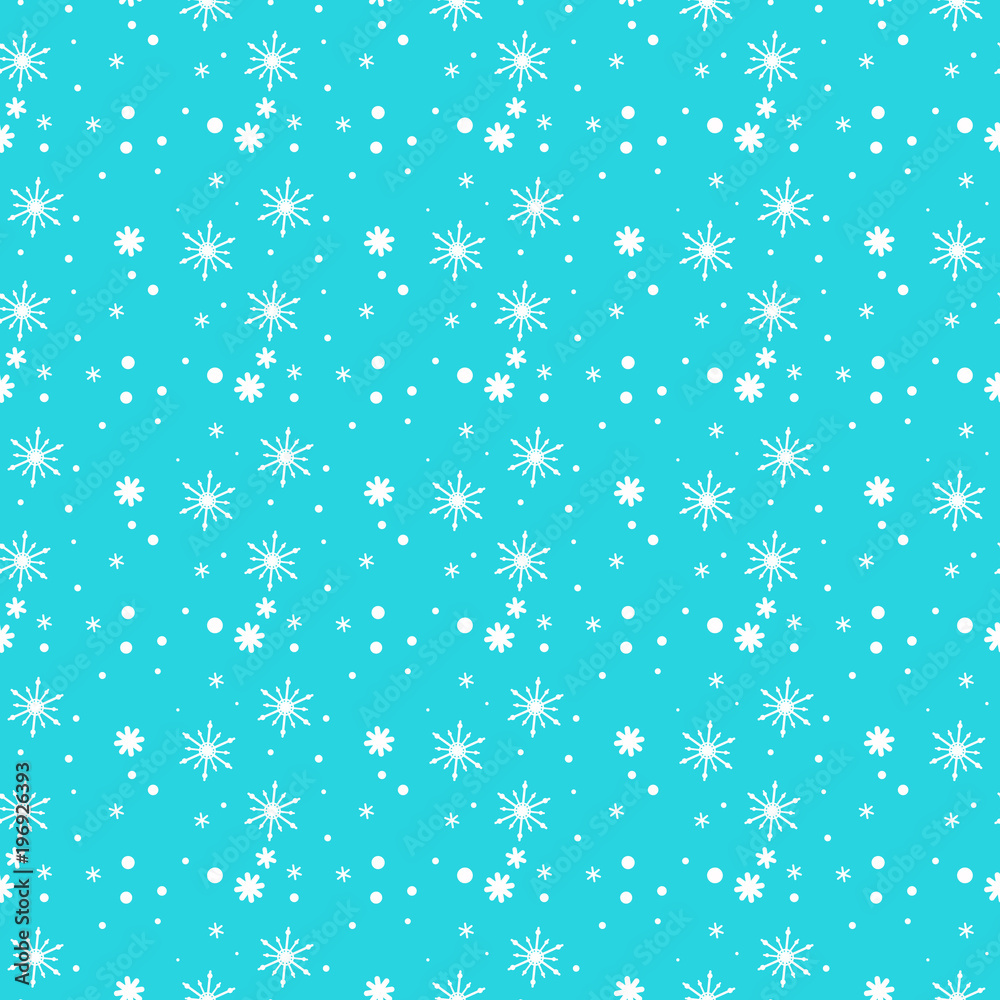 Snowflake simple seamless pattern. white snow on blue background. Abstract wallpaper, wrapping decoration. Symbol of winter, Merry Christmas holiday, Happy New Year celebration Vector illustration
